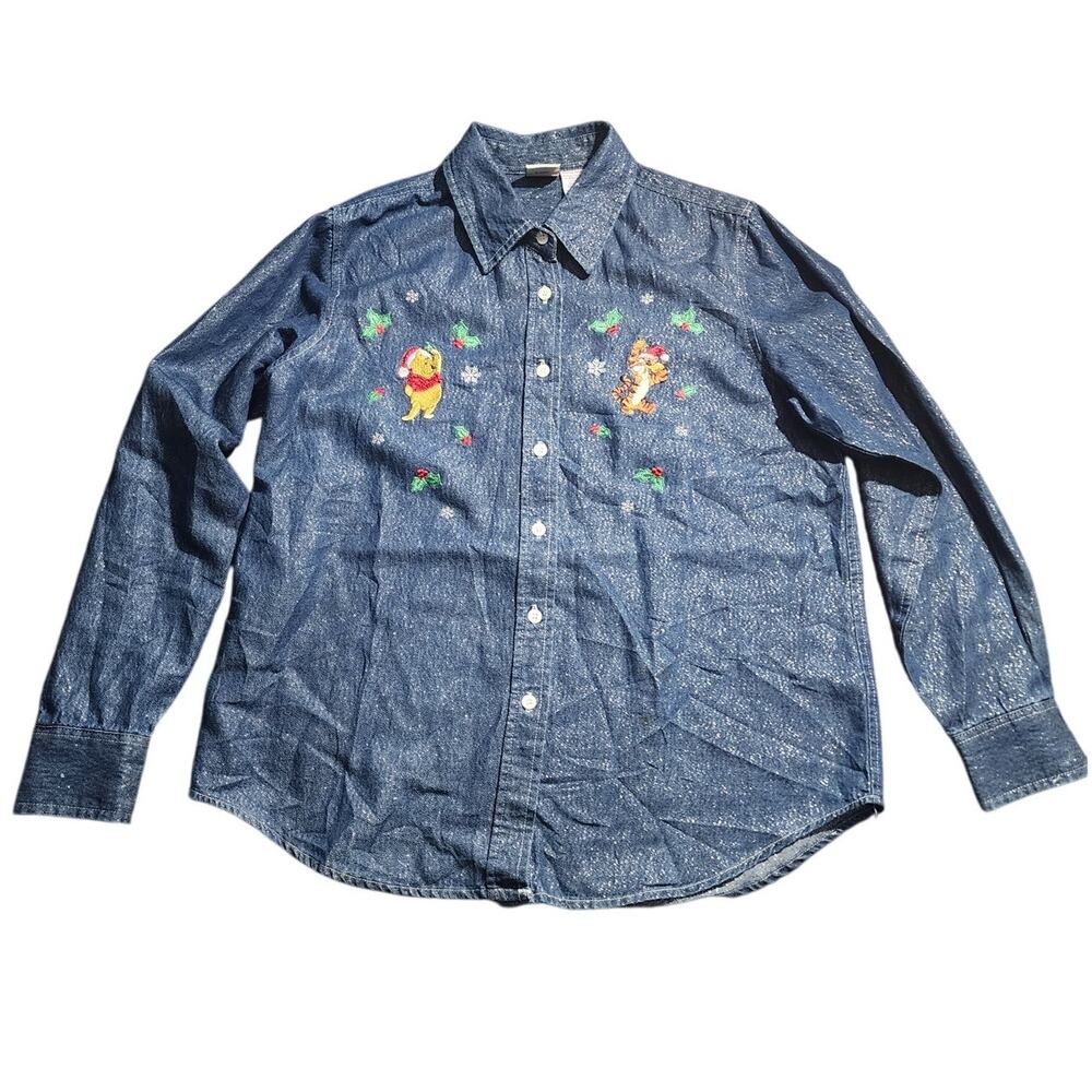 Disney Pooh Tiger Holiday Christmas Button Down Denim Look Sparkly Size Medium